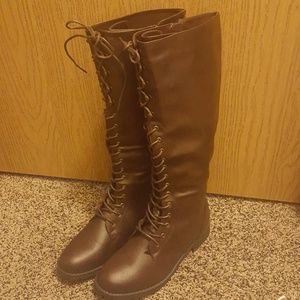 Brown lace up knee high combat boots